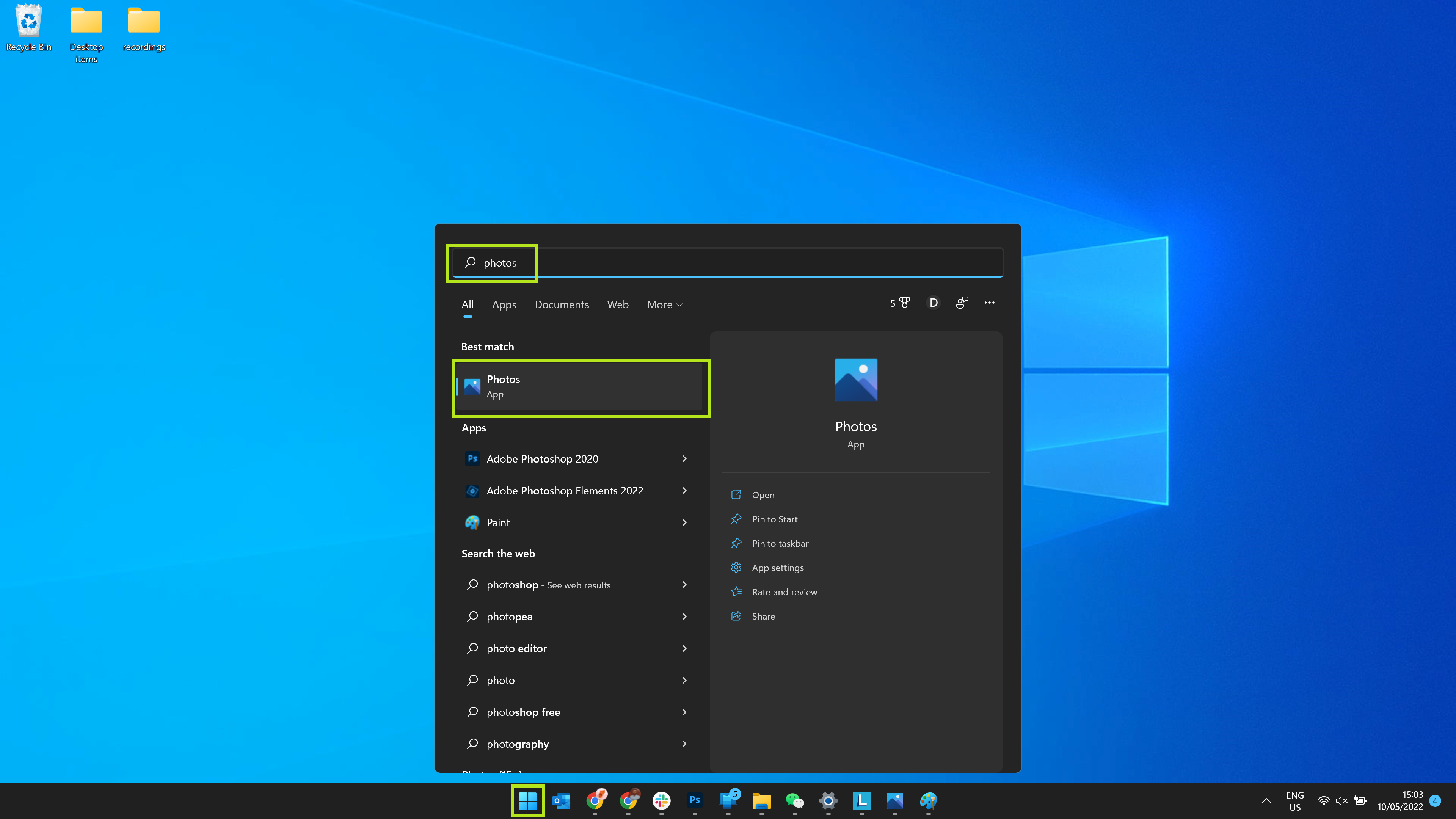 Windows 11 Start menu with Photos app highlighted