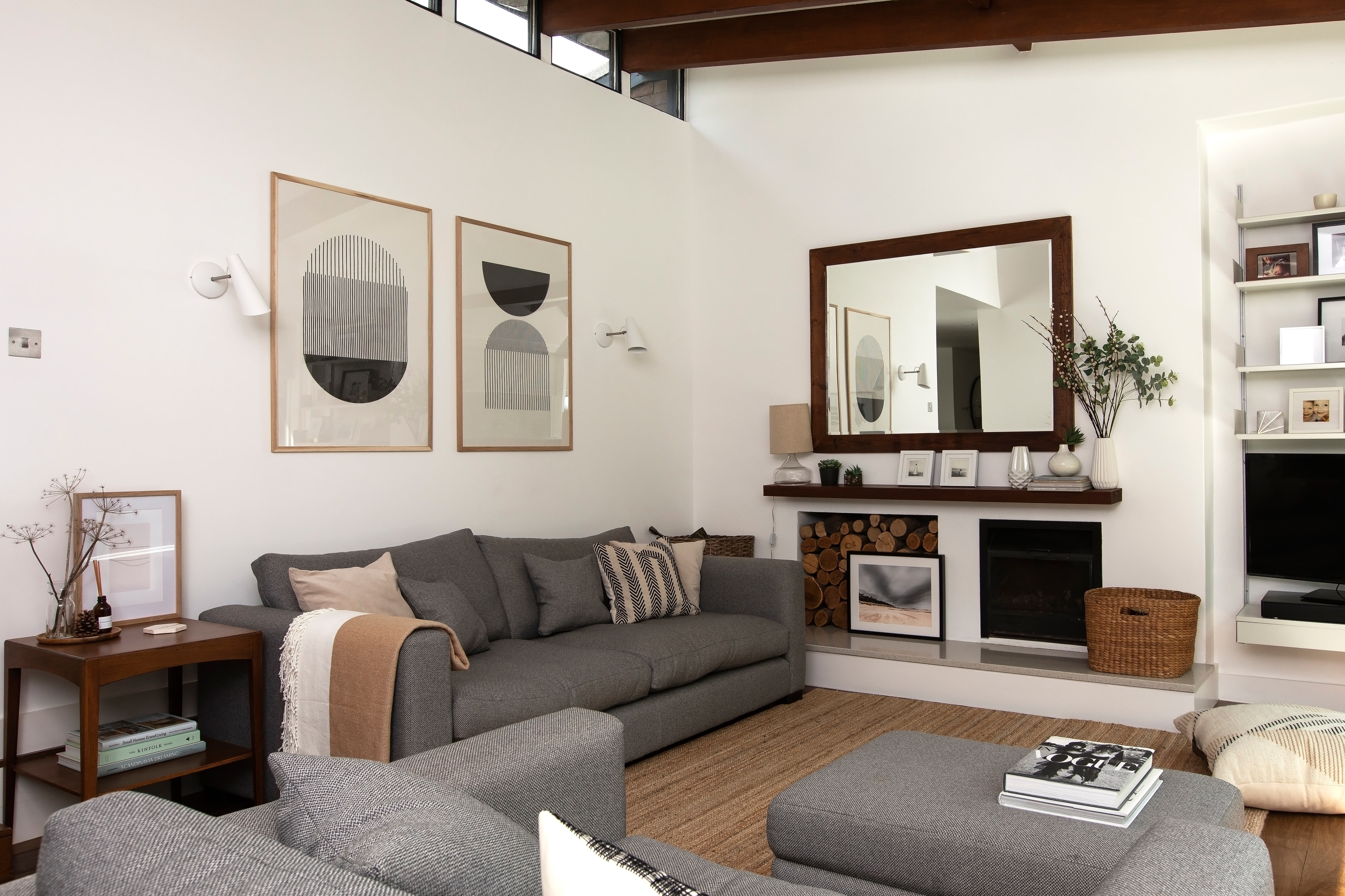 grey living room with white furniture