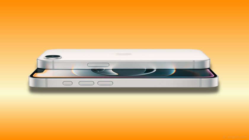 Two iPhone 16e phones face-to-face in front of an orange background