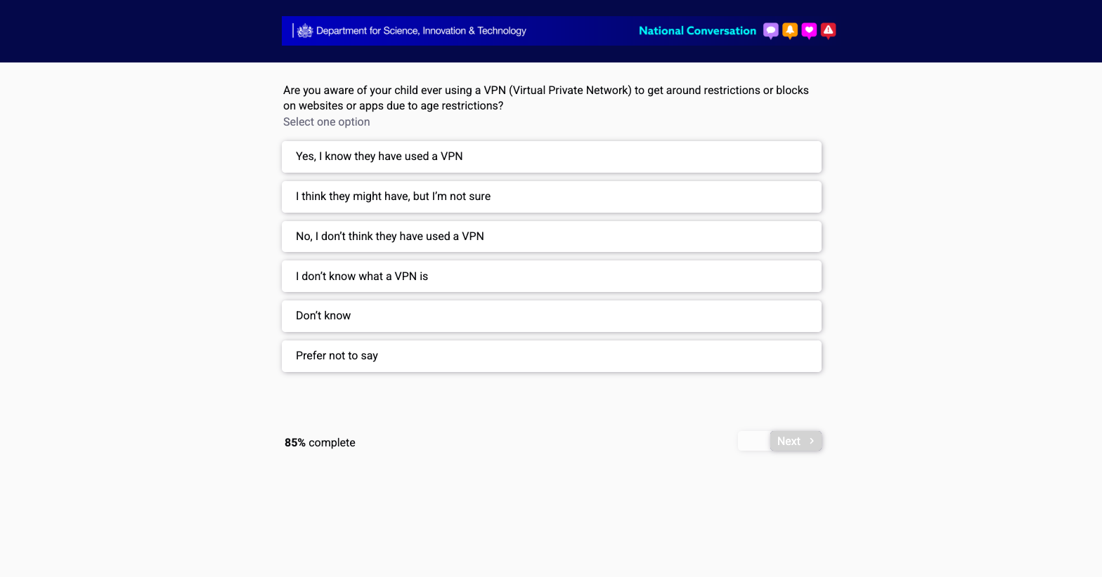 Screenshot UK survey on VPN restrictions (April 2026)