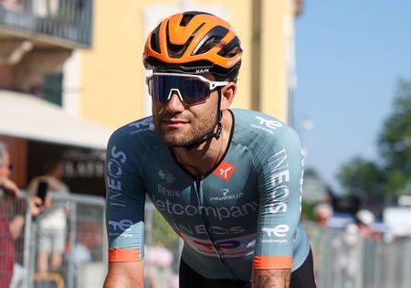VERBANIA, ITALY - MAY 22: Filippo Ganna of Italy and Netcompany INEOS Cycling Team arrives at finish line during the 109th Giro d'Italia 2026, Stage 13 a 189km stage from Alessandria to Verbania on May 22, 2026 in Verbania, Italy. (Photo by Sara Cavallini/Getty Images)