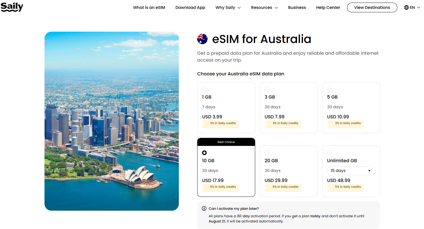 Screen grab for Saily Australia eSIM