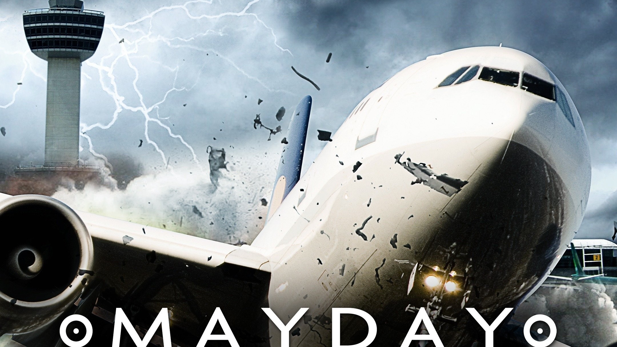 Mayday TV show graphic showing dramatic image of plane touching down in crisis