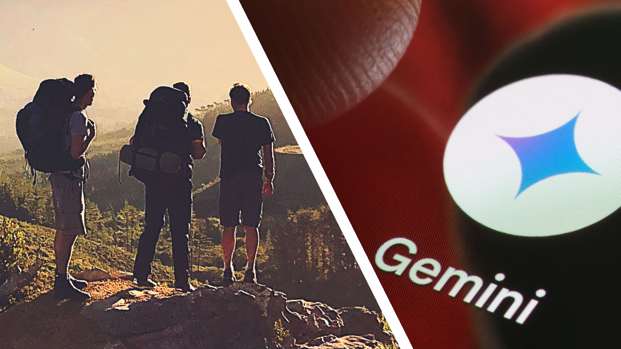 Three hikers in the mountains next to a Gemini logo on a phone