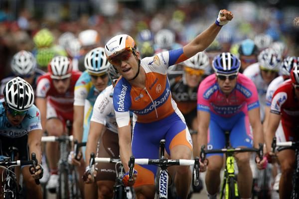 Theo Bos (Rabobank) celebrates his sprint victory in stage 3 at the Eneco Tour, the Dutchman's first win at the WorldTour level.
