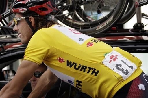 Fabian Cancellara (Team CSC) rides in the race leader's jersey.