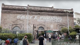 The exterior building for Fast and Furious: Supercharged, pictured on a cloudy day.