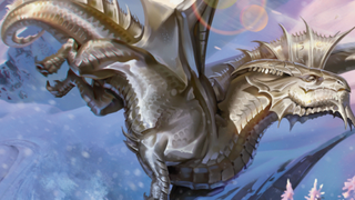 A silver dragon soars through the sky in D&D's latest free adventure, Peril in Pinebrook.