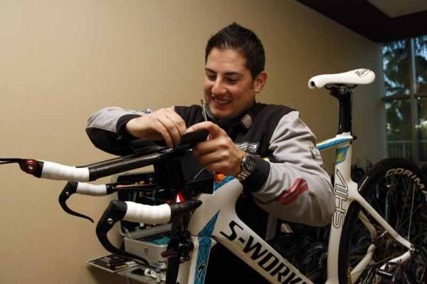 A time trial bike is assembled
