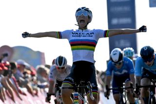 Picture by Simon Wilkinson/SWpix.com - 09/10/2021 - Cycling - AJ Bell Women's Tour of Britain - Stage Six: Haverhill to Felixstowe, England - Elisa Balsamo of Team Valcar Travel & Service celebrating her win on stage six