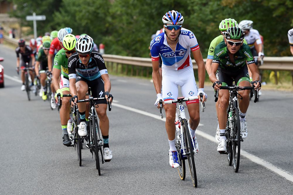 Thibaut Pinot rides in the breakaway during stage 15.