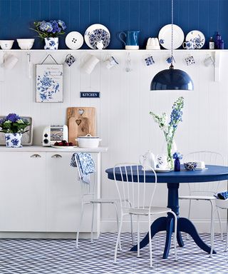 Kitchen wall decor ideas with white and blue painted panelling