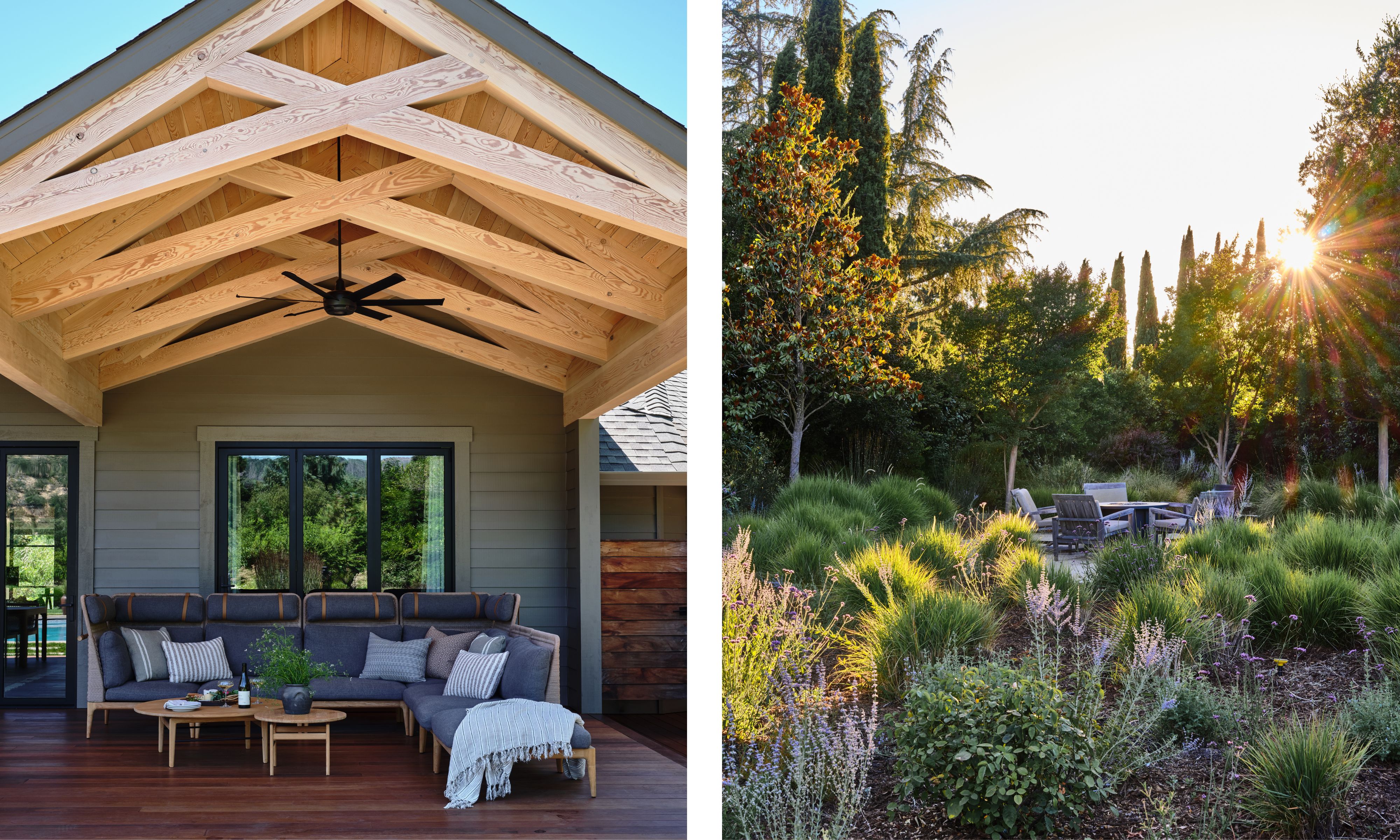 side by side images of the exterior of a Sonoma vineyard home