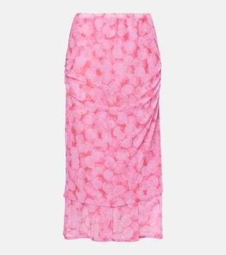 Printed Gathered Jersey Midi Skirt