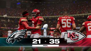 Image from a Madden 25 sim of Super Bowl LIX featuring the Kansas City Chiefs and Philadelphia Eagles