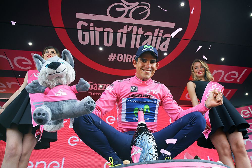 Andrey Amador with his maglia rosa and Wolfie