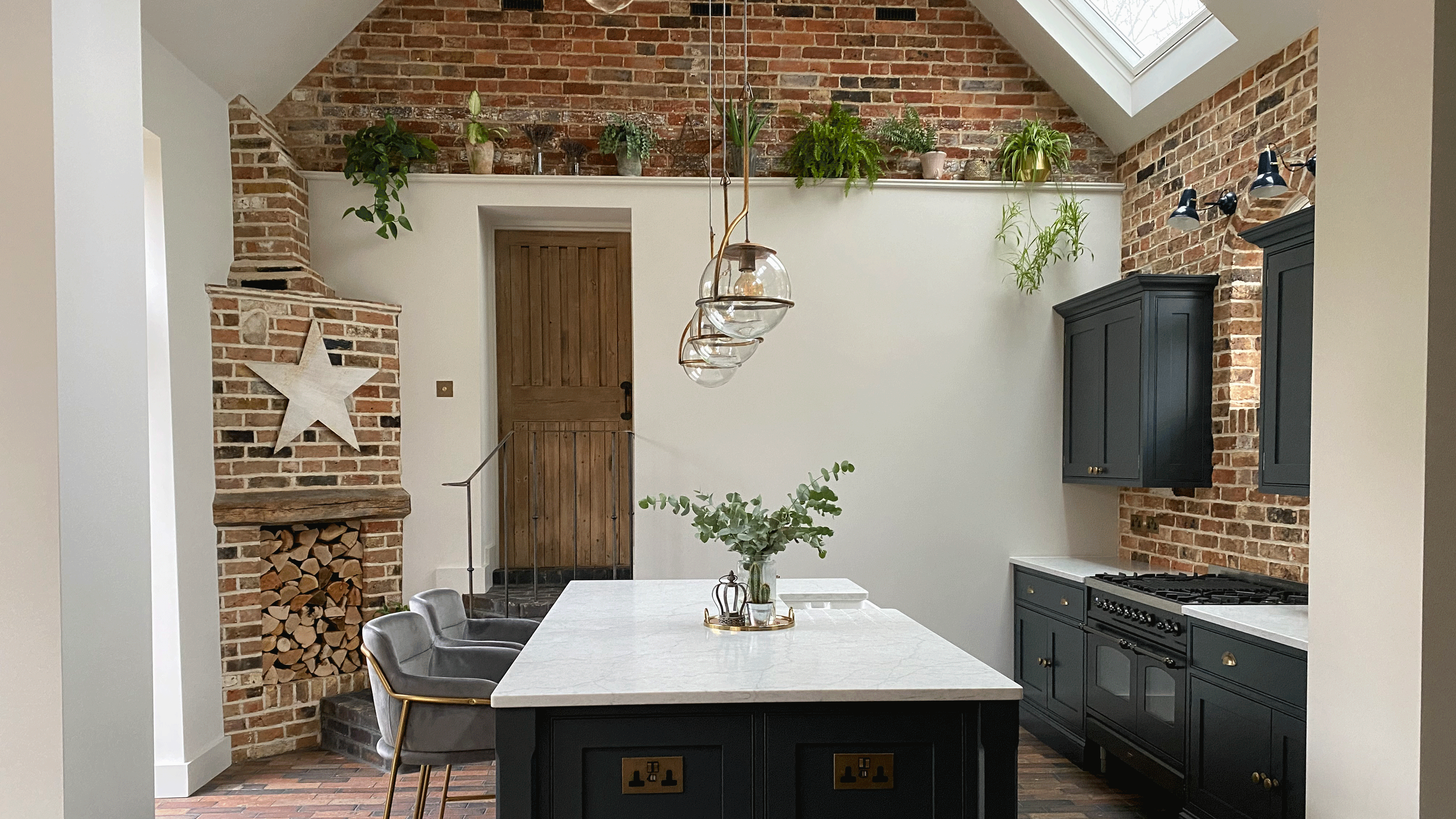 modern farmhouse kitchen with exposed brick