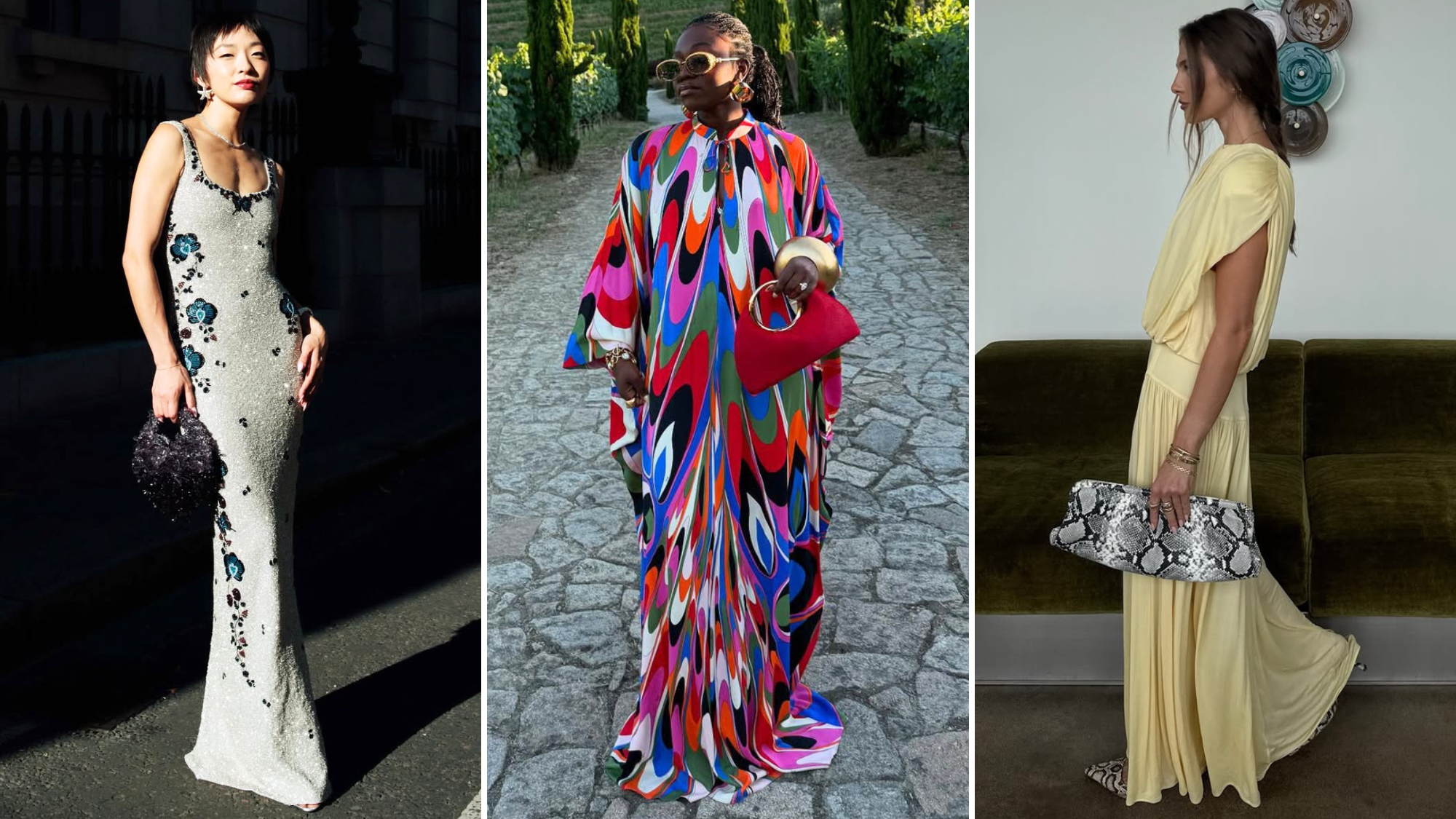 three women wearing stylish wedding guest dresses