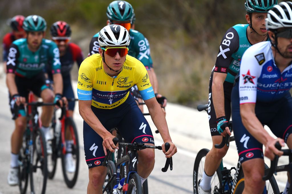 ALTO DE LAS ANTENAS DEL MAIGMO TIBI ALICANTE SPAIN FEBRUARY 04 Remco Evenepoel of Belgium and Team QuickStep Alpha Vinyl Yellow Leader Jersey competes during the 73rd Volta A La Comunitat Valenciana 2022 Stage 3 a 1551km stage from Alicante to Alto De Las Antenas Del Maigmo Tibi 1080m VCV2022 on February 04 2022 in Alicante Spain Photo by Dario BelingheriGetty Images
