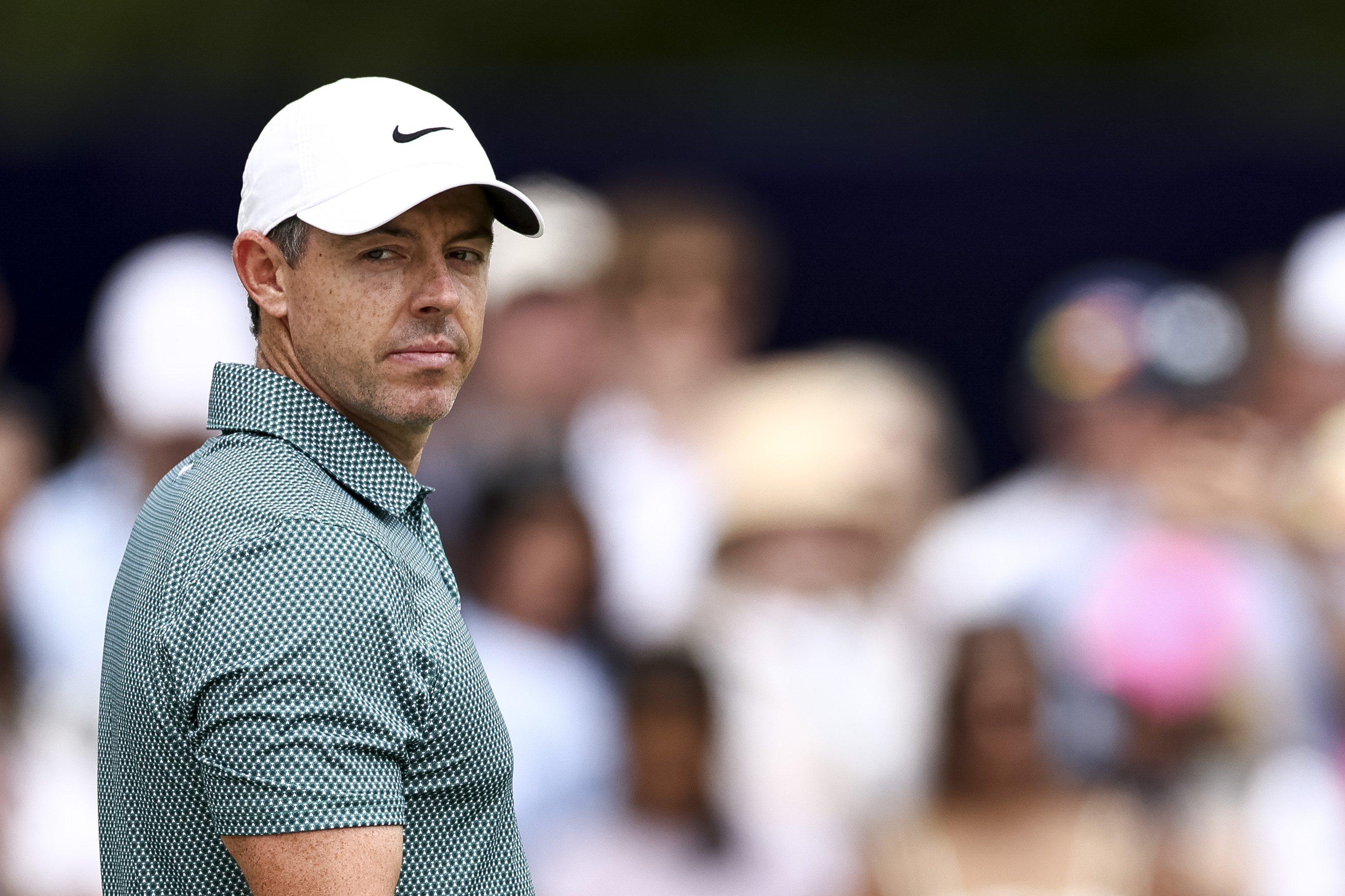Rory McIlroy looks over his right shoulder during round three of the 2026 Truist Championship