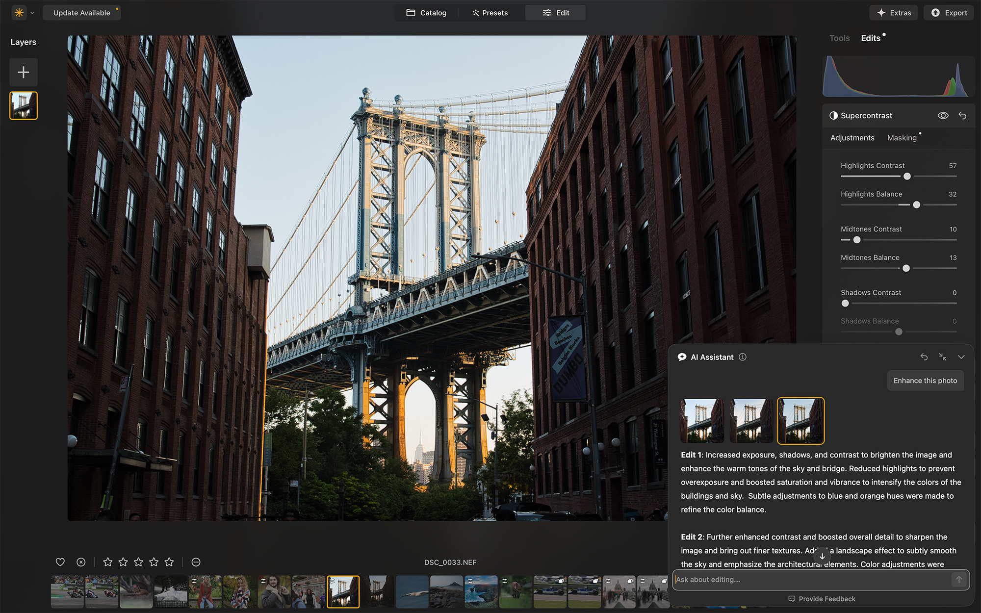 Luminar Neo screenshot showing bridge at sunrise