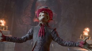 Goblin in ringmaster outfit holding his head back and laughing