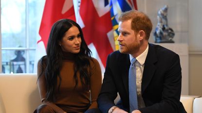 Prince Harry, Duke of Sussex and Meghan, Duchess of Sussex gesture during their visit to Canada House in thanks for the warm Canadian hospitality and support they received during their recent stay in Canada, on January 7, 2020 in London, England