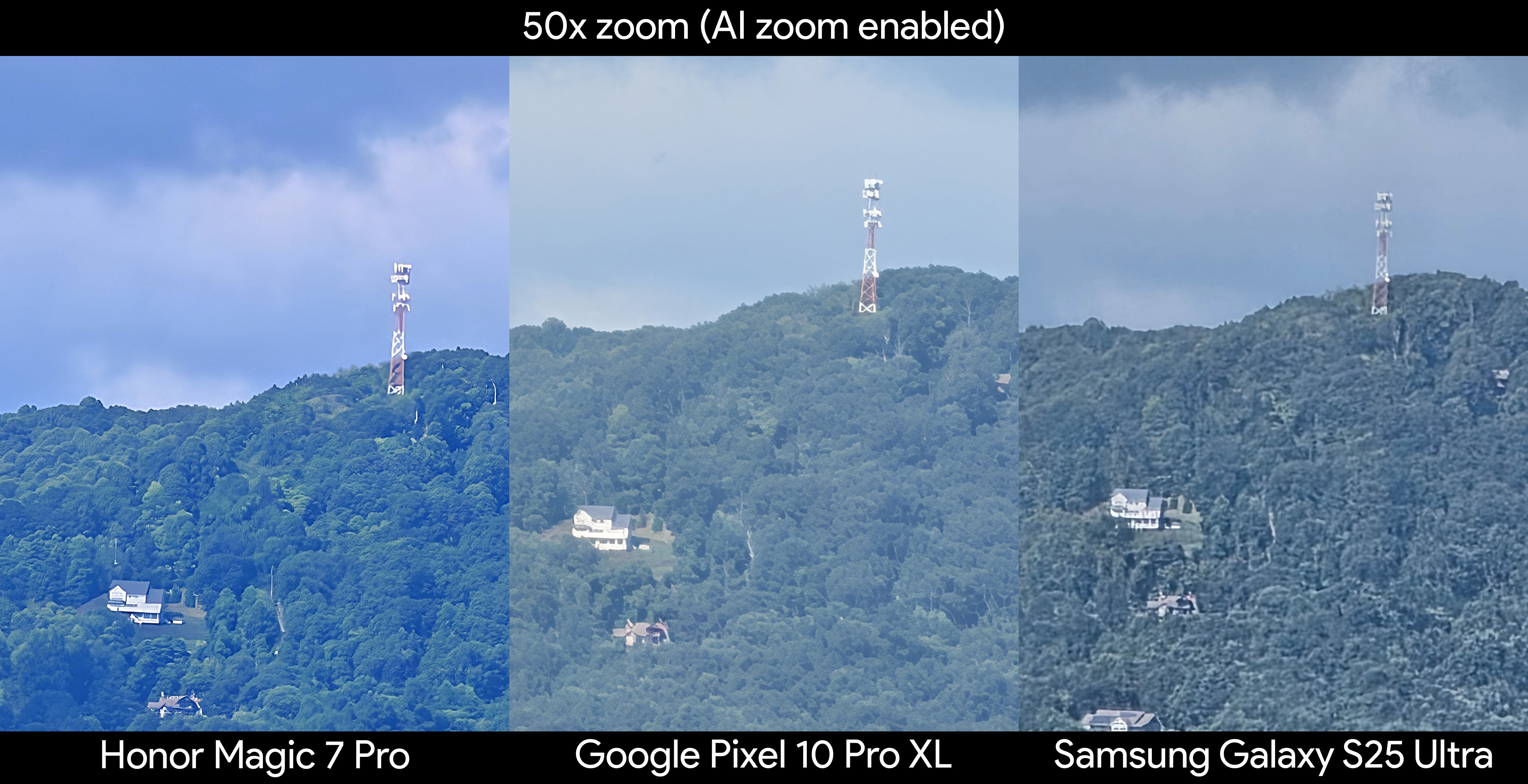 Comparing photos from the Google Pixel 10 Pro XL, Samsung Galaxy S25 Ultra, and Honor Magic 7 Pro of a tower on a mountain at 50x zoom