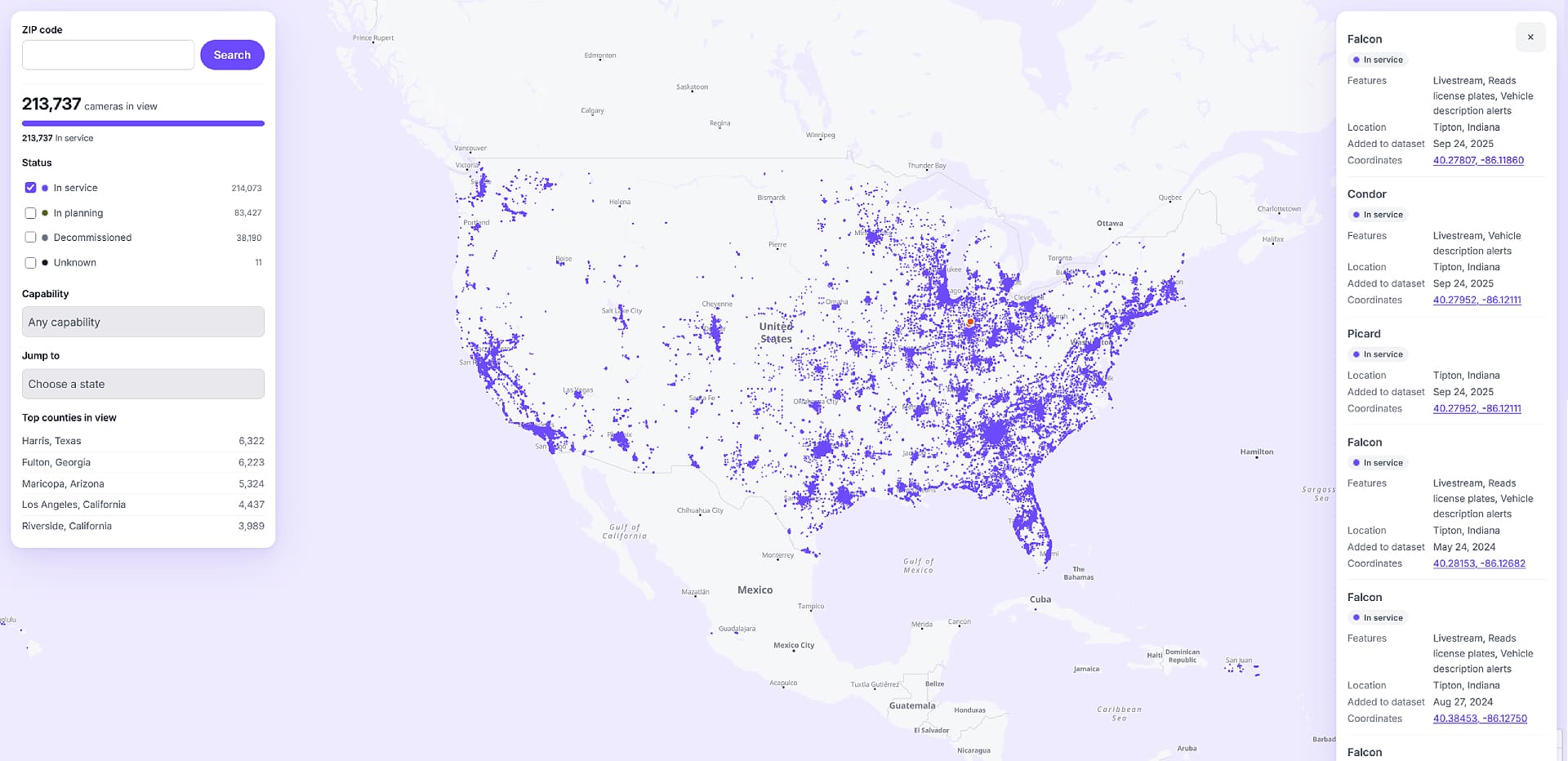 A map of Flock camera locations published by Proton.