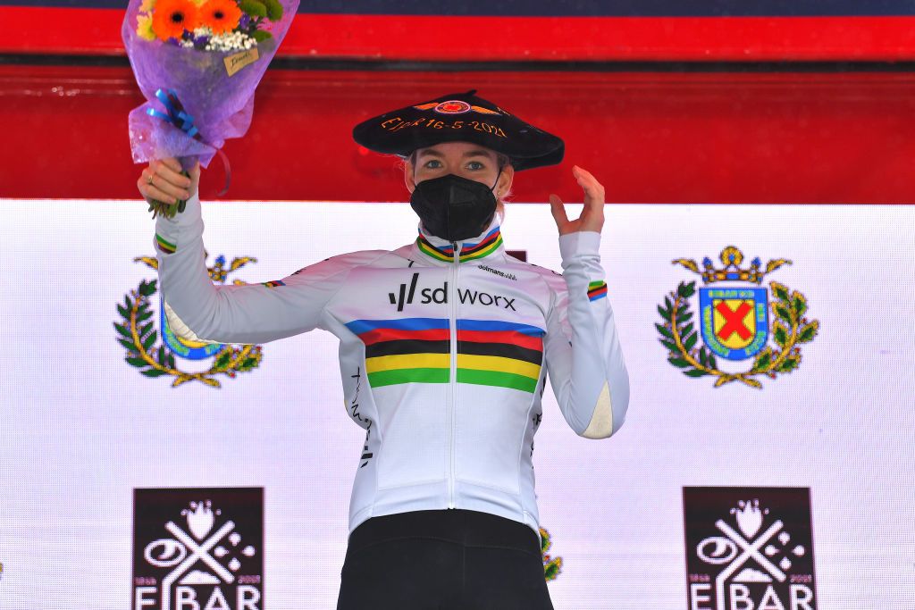 EIBAR SPAIN MAY 16 Anna Van Der Breggen of The Netherlands and Team SD Worx celebrates at podium during the 3rd Gran Premio Ciudad De Eibar 2021 a 1172km race from Eibar to Arrate Alto Usartza 581m Mask Covid safety measures Trophy III Eibarko Hiria sari nagusia CiudaddeEibar21 CCEibarres on May 16 2021 in Eibar Spain Photo by Luc ClaessenGetty Images