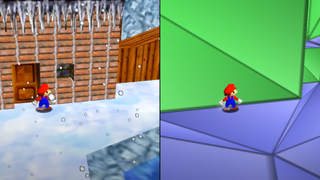 Shot of the unopenable door in Super Mario 64 and a split view of the invisible collision that normally blocks it from the outside.