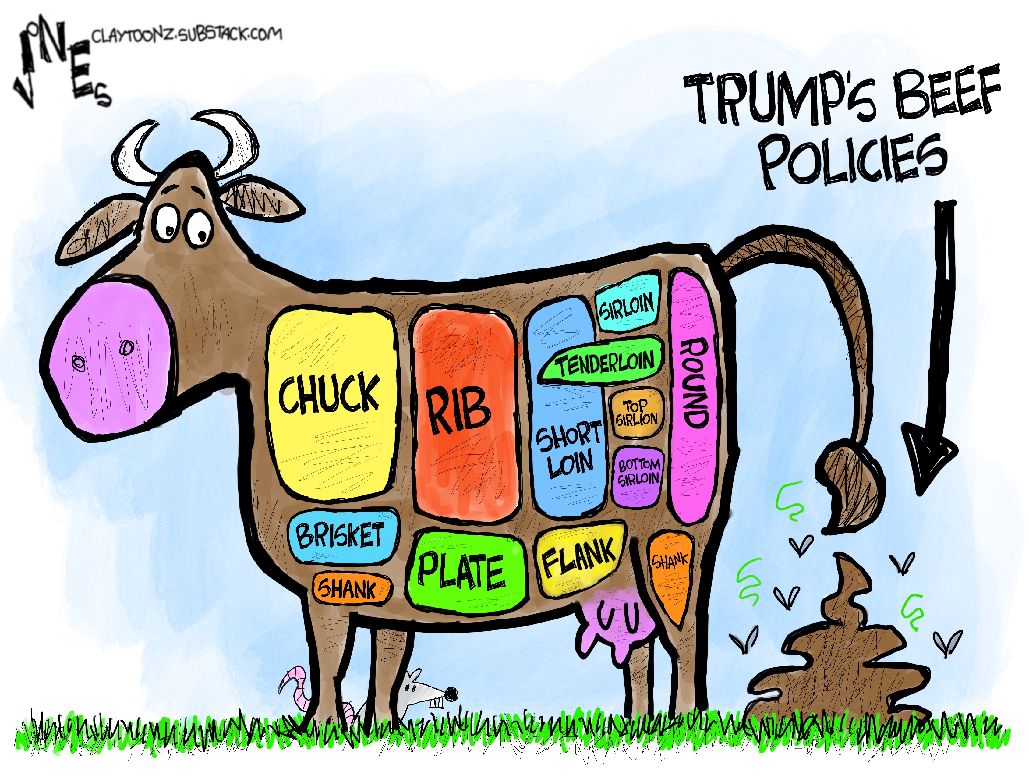 This cartoon depicts a cow that has been labeled on its side with all the different cuts of meat, including &amp;ldquo;chuck&amp;rdquo; &amp;ldquo;rib&amp;rdquo; &amp;ldquo;brisket&amp;rdquo; &amp;ldquo;tenderloin&amp;rdquo; etc. A large pile of dung is behind the cow and is labeled &amp;ldquo;Trump&amp;rsquo;s Beef Policies.&amp;rdquo;
