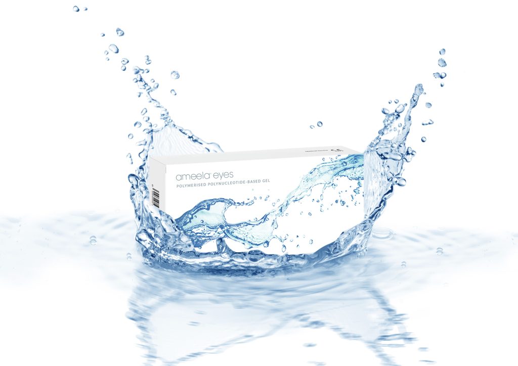 Ameela eyes packaging illustrated splashing into water
