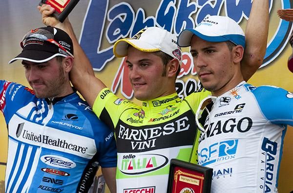 The stage two podium (l-r): Jacobe Keogh (2nd, United Healthcare), Andrea Guardini (1st, Farnese Vini) and Christian Delle Stelle (3rd, Colnago CSF Inox).