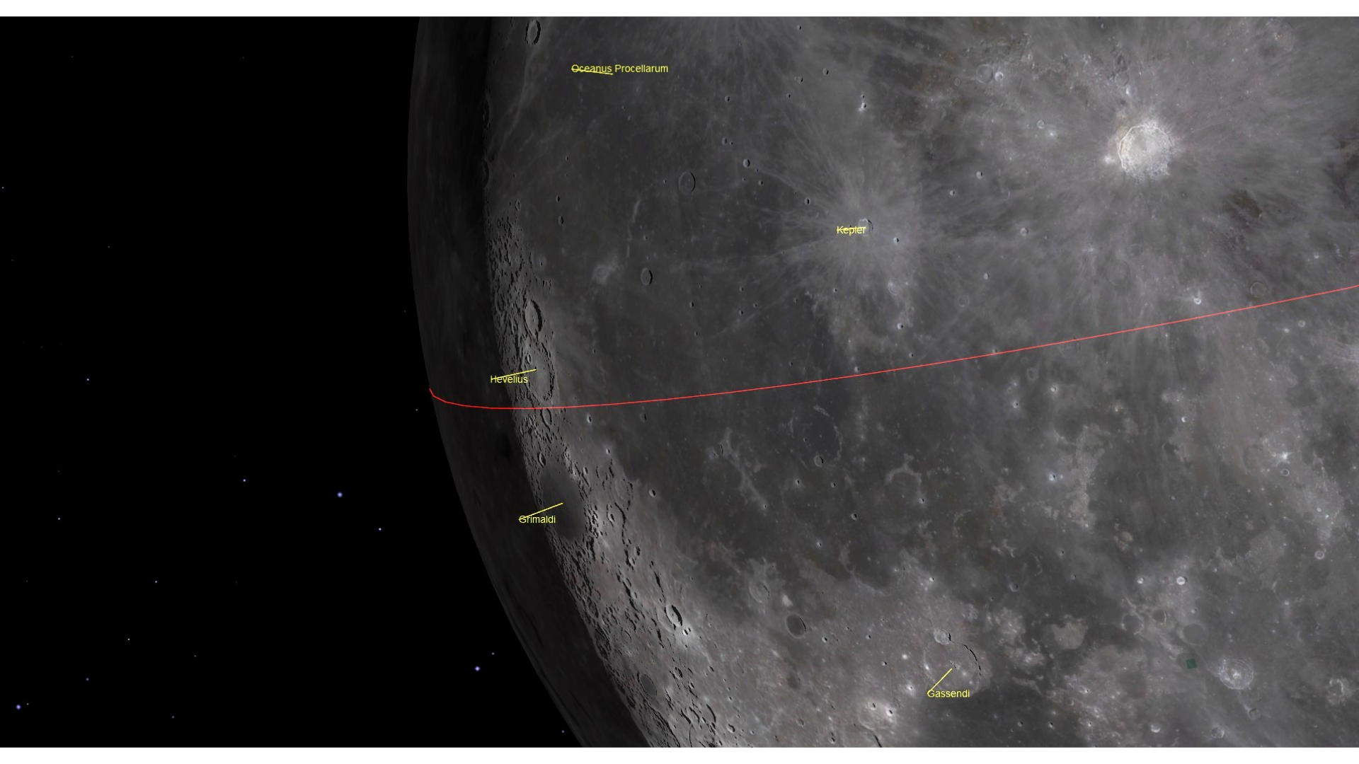 A close up of the edge of the moon from space with yellow labels showing various craters including the Grimaldi basin