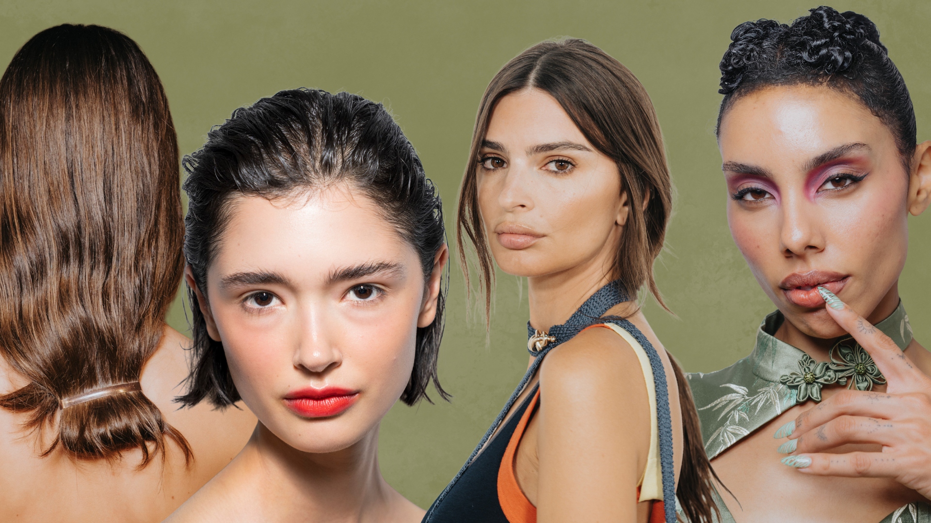 collage of nyfw beauty trends on a green background, with four models in glamorous makeup and wavy hairstyles