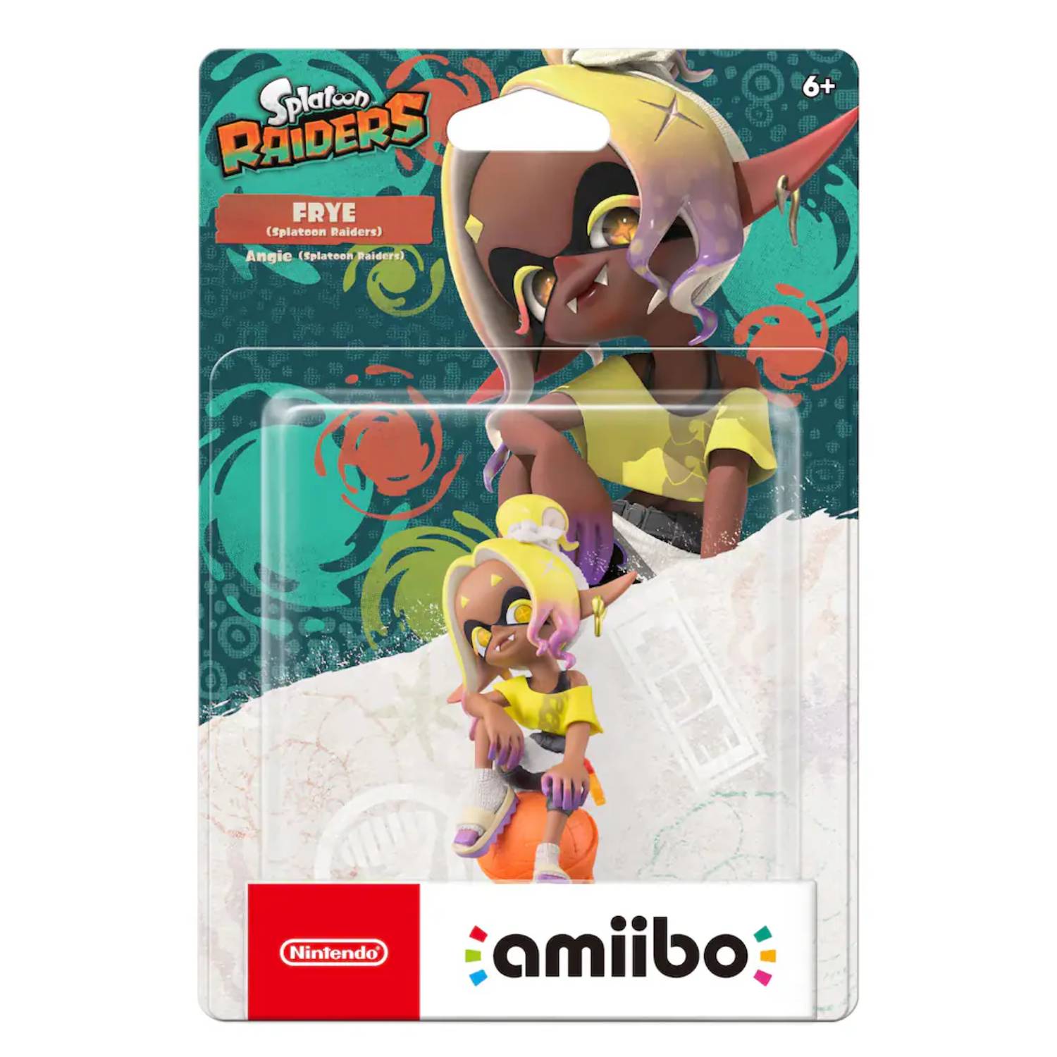 Image of the Splatoon Raiders Frye amiibo in its box.