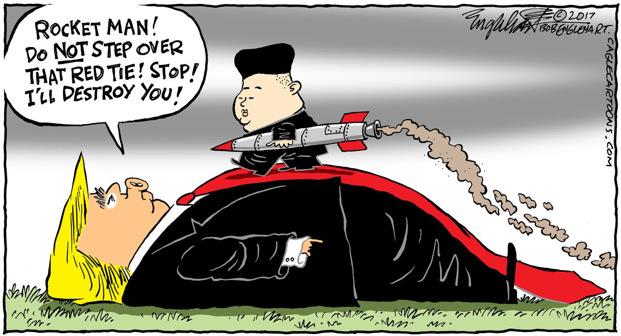 Political cartoon U.S. Trump Kim Jong Un Rocket Man nuclear weapons