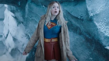 A screenshot of Kara Zor-El in her Supergirl costume and trenchcoat in 2025's Superman film
