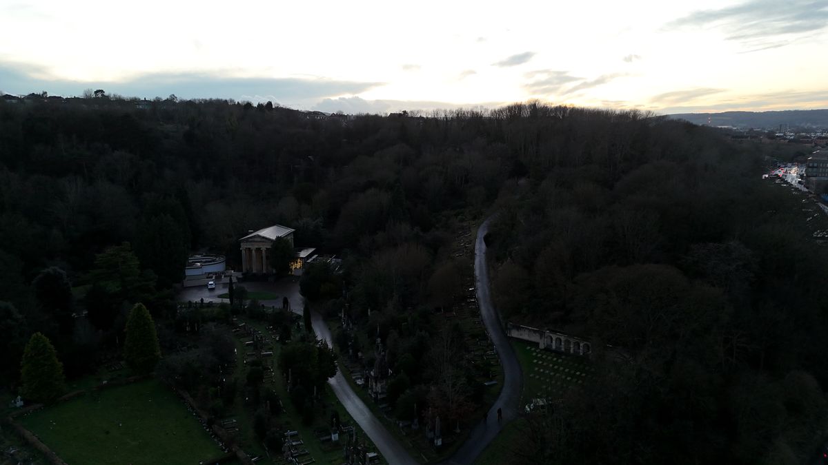 A photo of a park at dusk, taken on a DJI Flip drone
