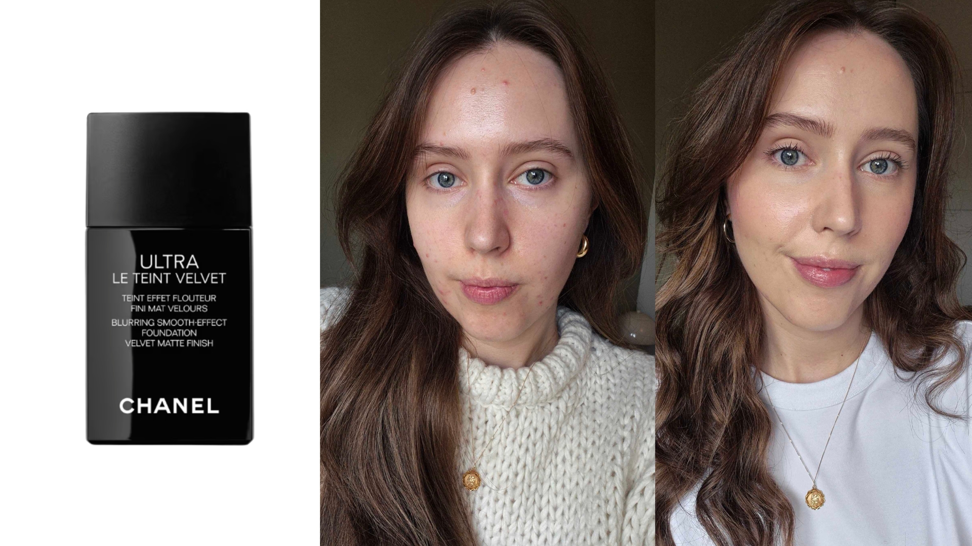 On the left is a product shot of the Chanel Ultra Le Teint Velvet foundation on a white background, followed by before and after pictures of Digital Beauty Writer, Naomi Jamieson, first without any makeup and then wearing the Chanel foundation along with a full face of makeup.