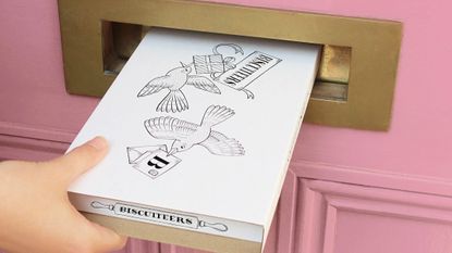 Valentine's Day gifts: Biscuiteers box being posted through letterbox of pink dor