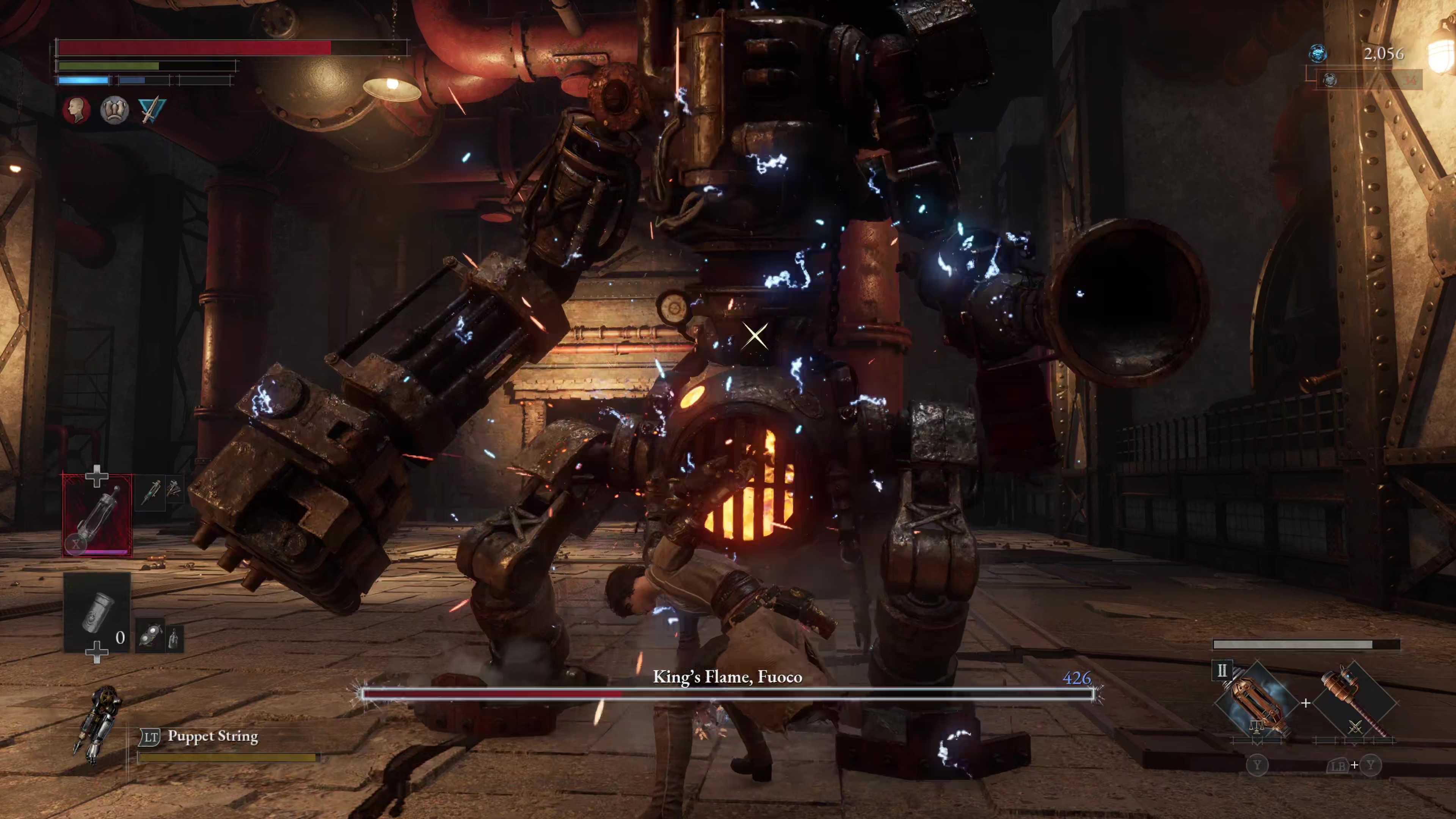 Captura de pantalla del juego de Lies of P's King's Flame, pelea contra el jefe Fuoco.