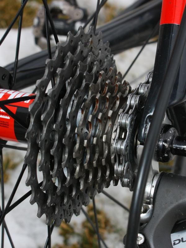 Shimano's latest Dura-Ace revision includes an extra-wide ratio 11-27T cassette as seen here.