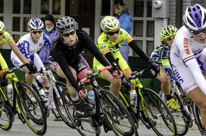 Eventual winner Elena Cecchini rides behind Hannah Barnes at the Winston-Salem Criterium Saturday evening.