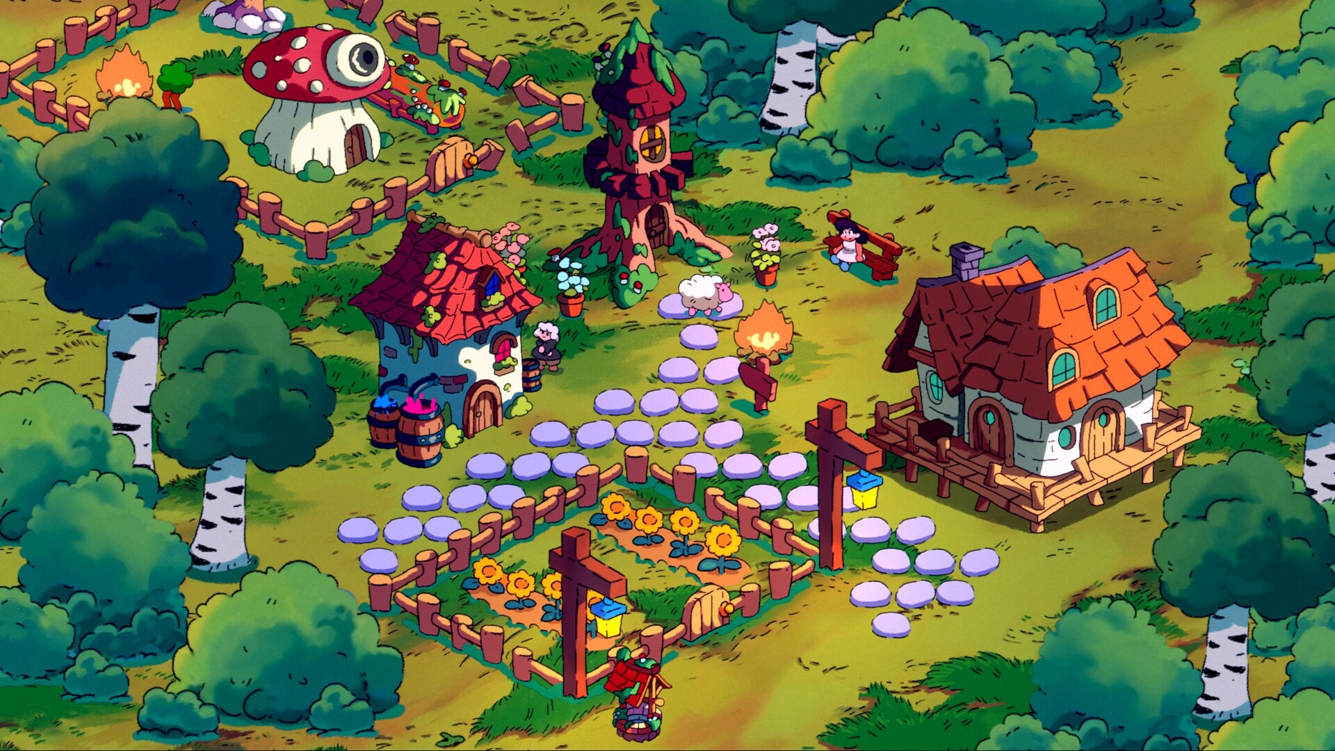 Spiritstead - A small cartoon art style village with houses and sunflowers