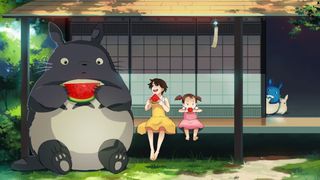 Totoro, Satsuki and Mei eat watermelon in My Neighbor Totoro
