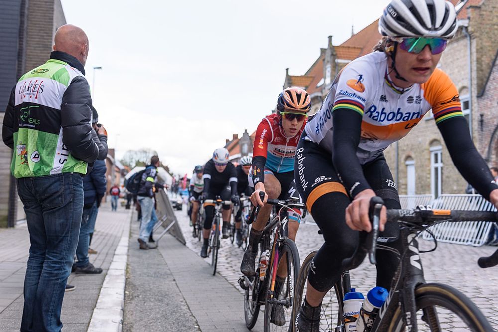 One lap to go, Christine Majerus (Boels Dolmans) is in Marianne Vos' wheel at Dwars door de Westhoek 2016