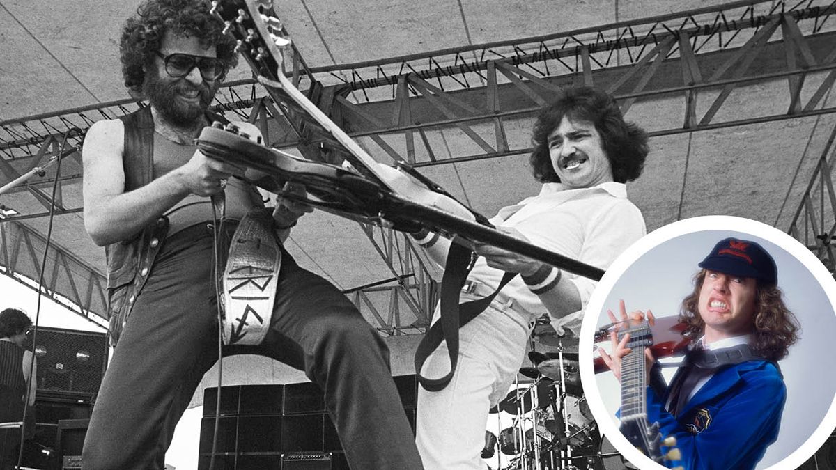 Blue Oyster Cult’s Eric Bloom and Buck Dharma duelling guitars onstage with an inset of Angus Young of AC/DC