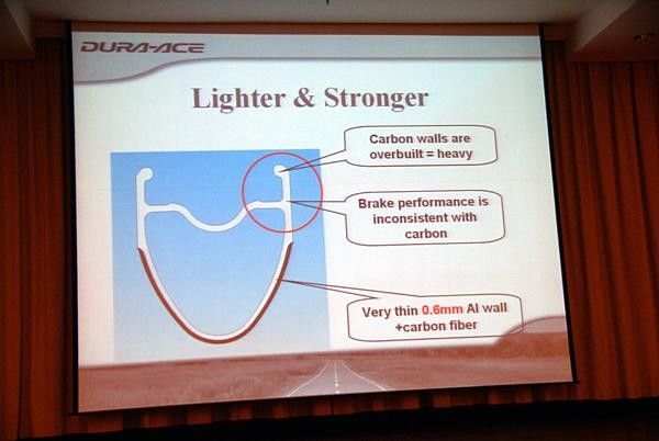 Shimano claims its C24 aluminum-and-carbon clincher rim is superior to what can be done in carbon fiber alone.